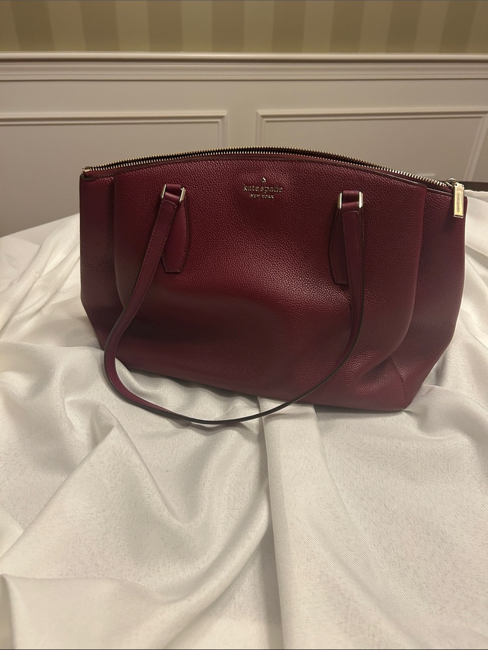 kate spade Monet Maroon Pebbled Leather Tote with Gold-Tone Zip